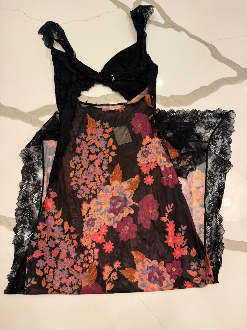 Anthro Black Sheer Maxi Dress with Pink & Orange Floral Print - Picture 2 of 3